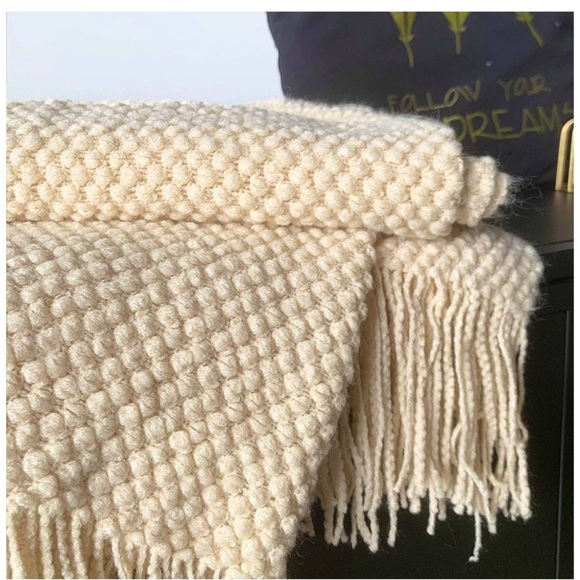 Cream Neutral Farmhouse Cozy Knit Fringe Bohemian Cute Throw Blanket for Bedroom - Picture 3 of 16